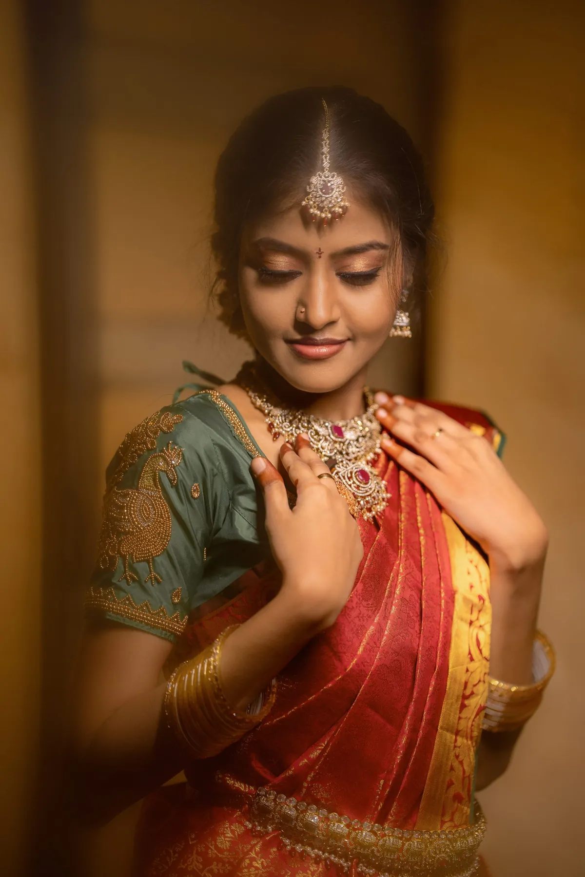 Bride in green and red silk